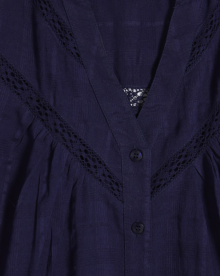 Navy Short Sleeve Lace Button Through Blouse