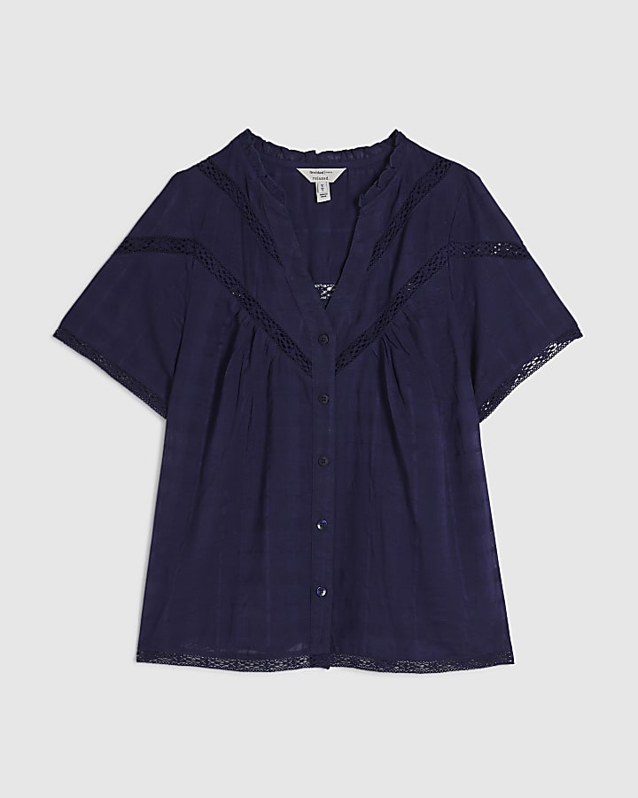 Navy Short Sleeve Lace Button Through Blouse