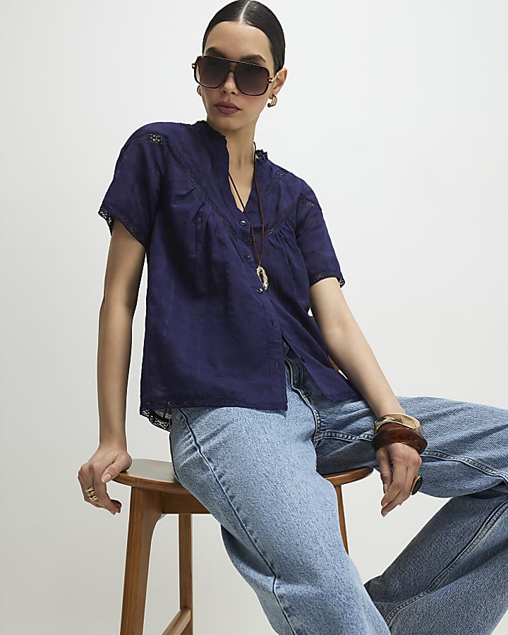 Navy Short Sleeve Lace Button Through Blouse