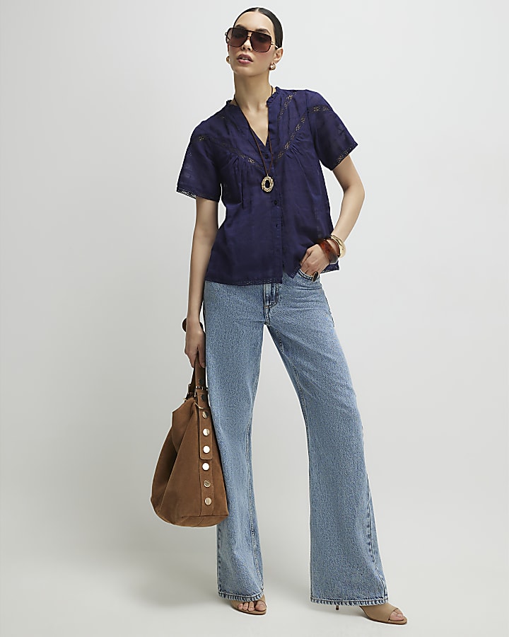 Navy Short Sleeve Lace Button Through Blouse