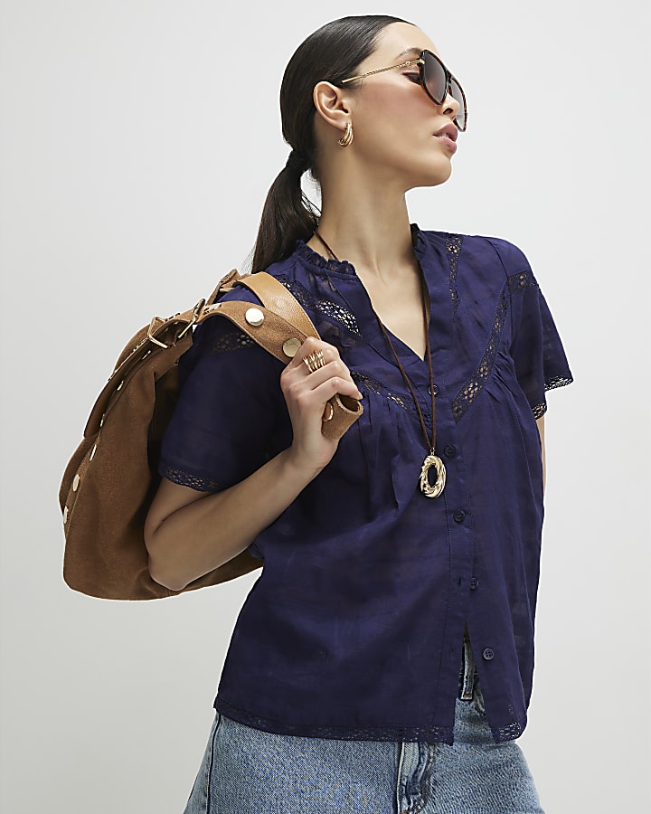 Navy Short Sleeve Lace Button Through Blouse