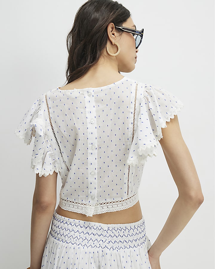 White Embroidered Spot Print Top