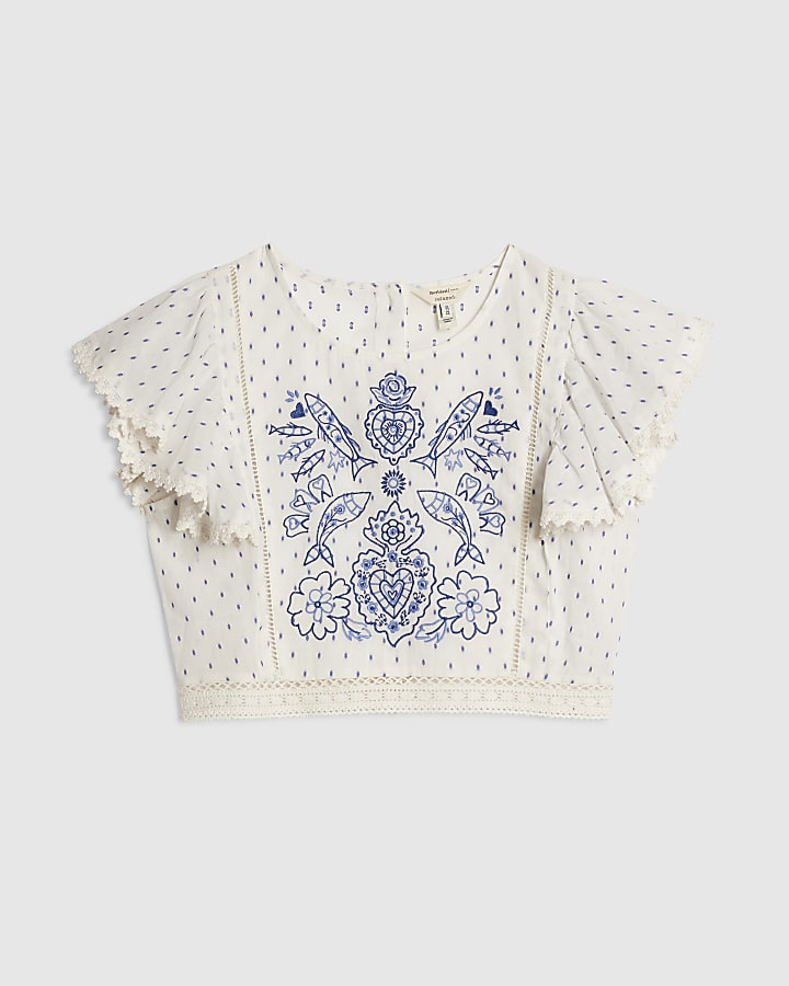 White Cotton Embroidered Spot Print Top