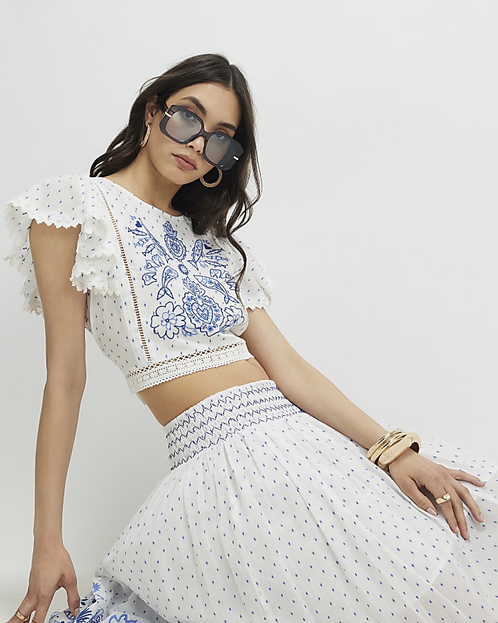 White Embroidered Spot Print Top
