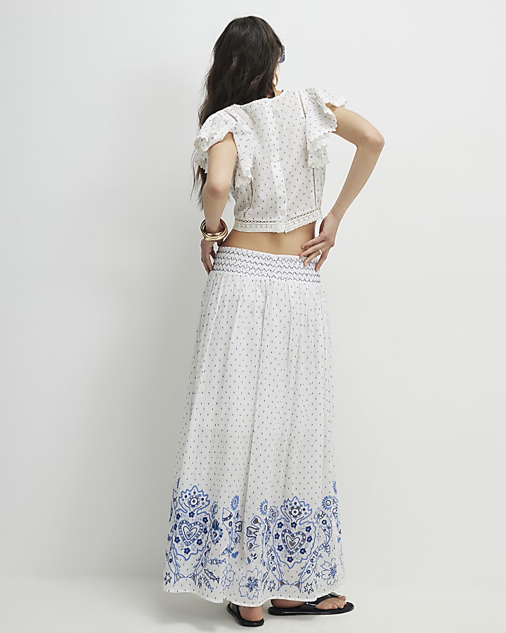 White Embroidered Spot Print Maxi Skirt