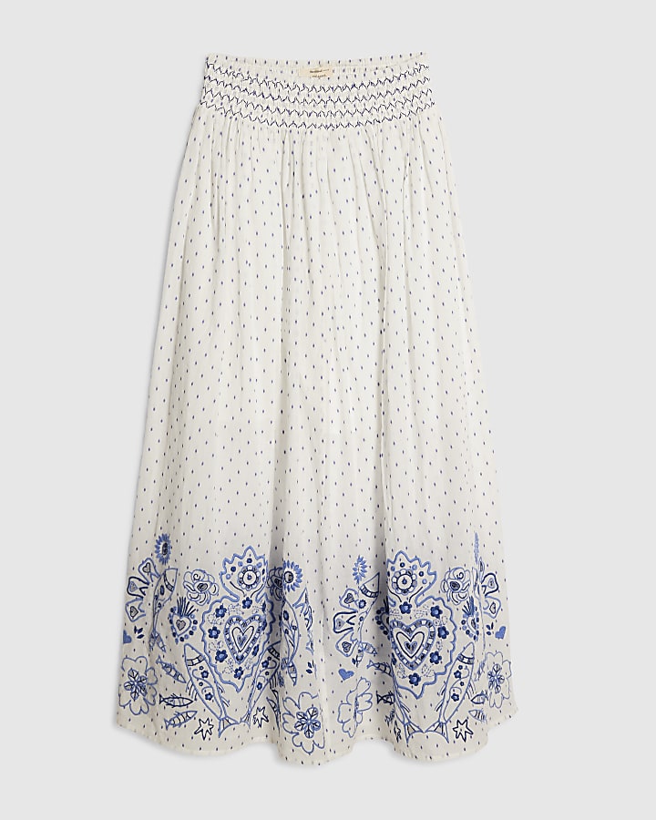 White Cotton Embroidered Spot Maxi Skirt