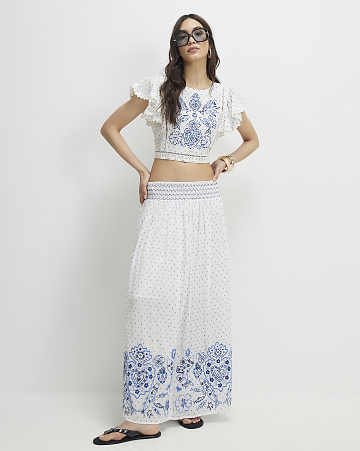 White Embroidered Spot Print Maxi Skirt