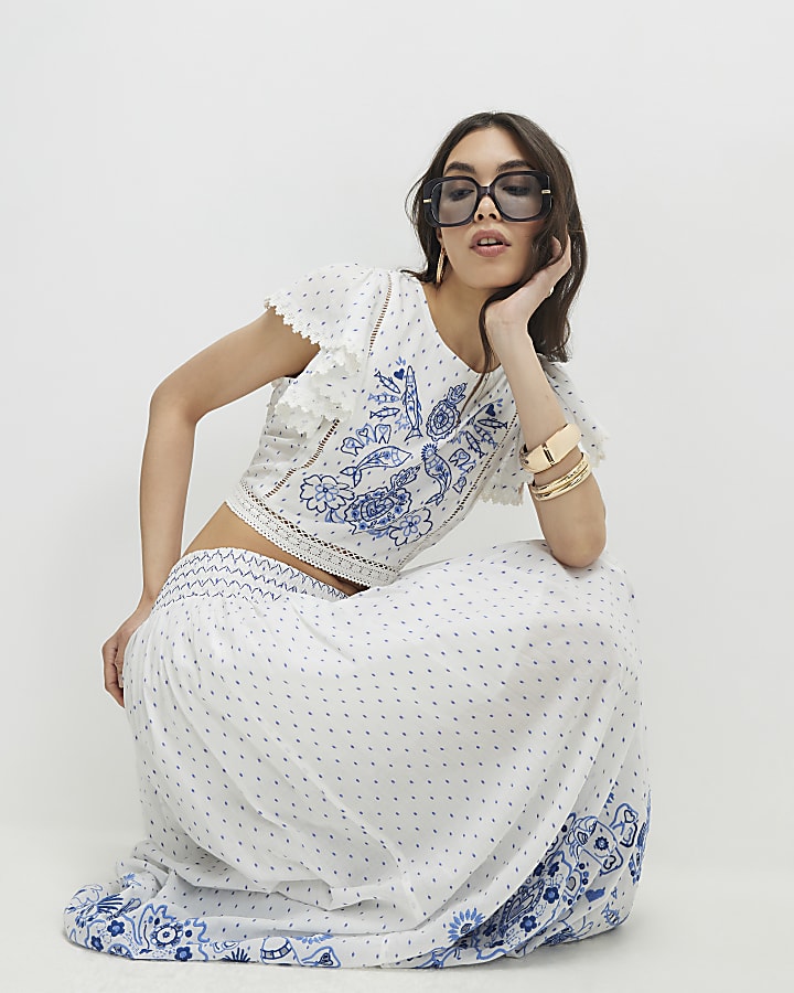 White Embroidered Spot Print Maxi Skirt