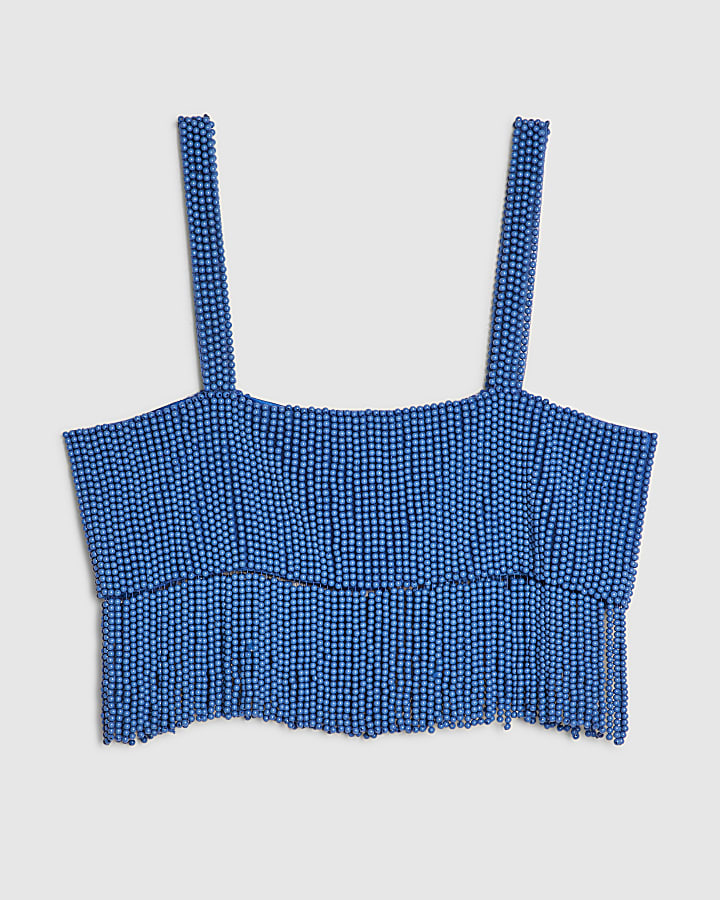 Blue Beaded Crop Top