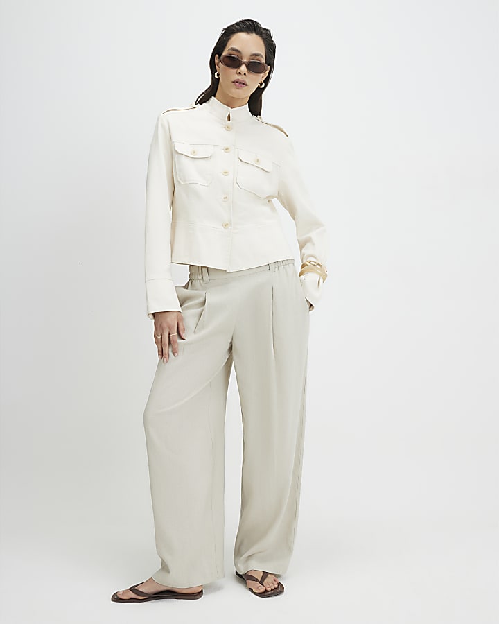 Beige Linen Blend Tailored Trousers
