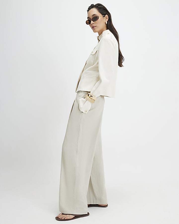 Beige Linen Blend Tailored Trousers