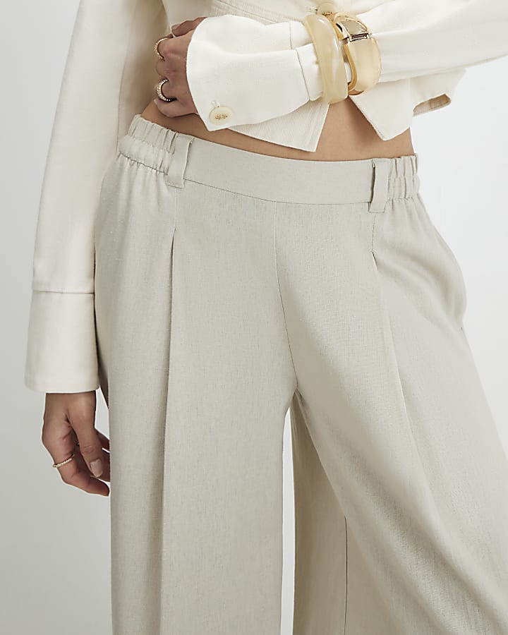 Beige Linen Blend Tailored Trousers