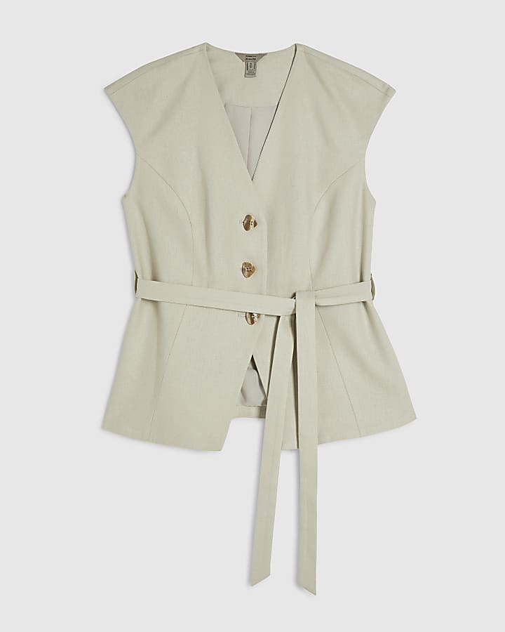 Beige Linen Blend Sleeveless Tie Waist Top