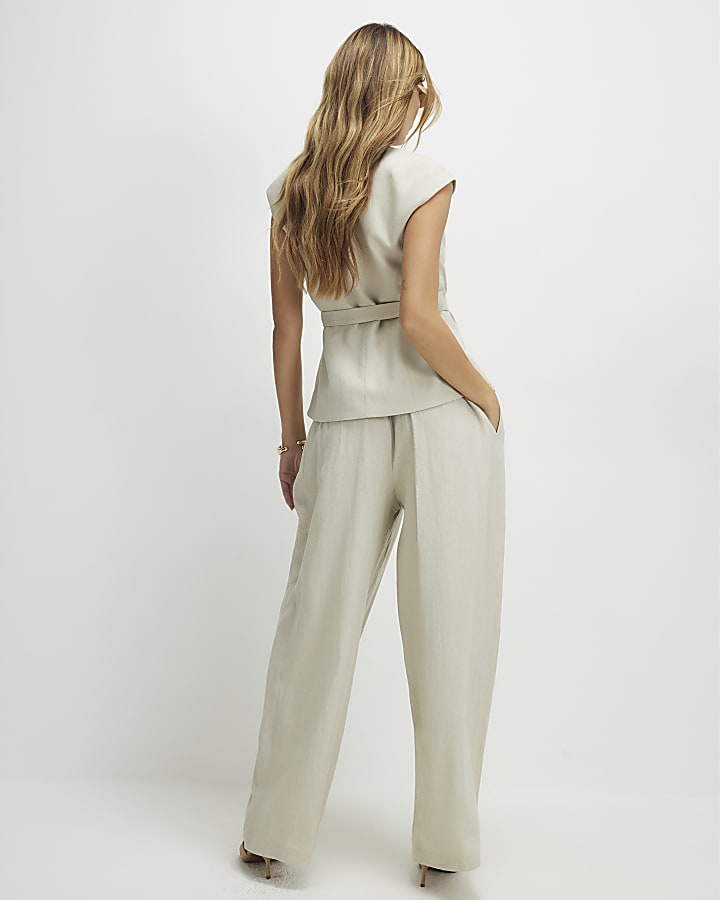 Beige Tailored Wide Leg Trousers