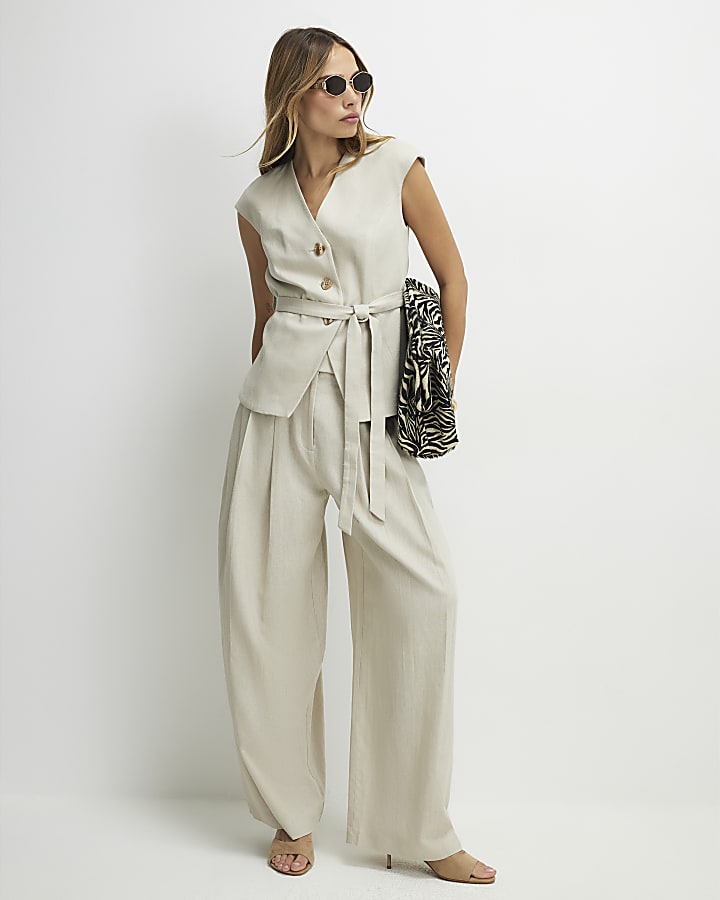 Beige Tailored Wide Leg Trousers