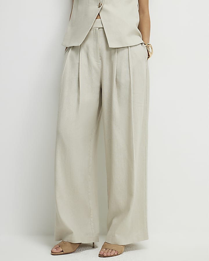 Beige Tailored Wide Leg Trousers