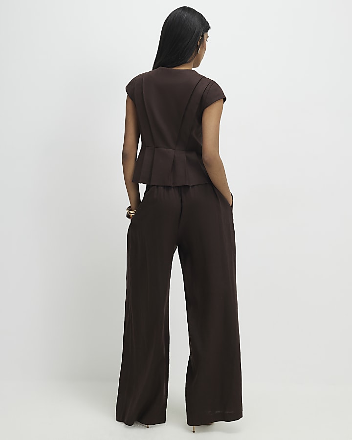 Brown Linen Blend Tailored Wide Leg Trousers