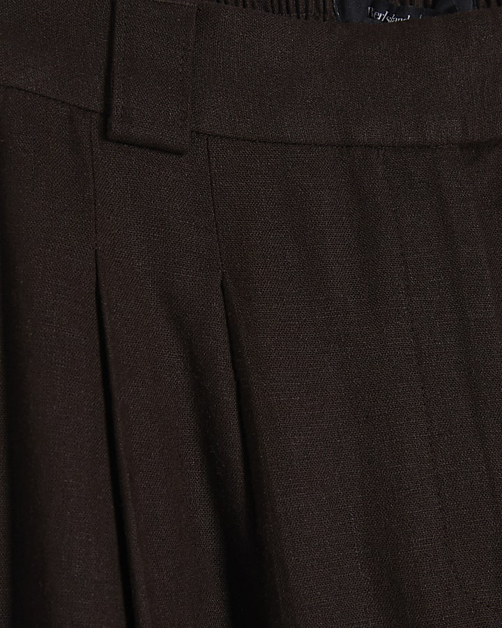 Brown Linen Blend Tailored Wide Leg Trousers
