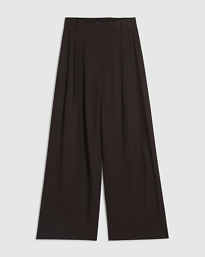 Brown Linen Blend Tailored Wide Leg Trousers