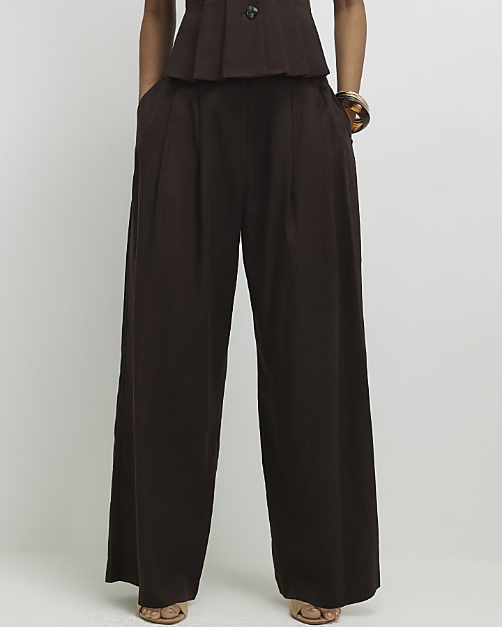 Brown Linen Blend Tailored Wide Leg Trousers