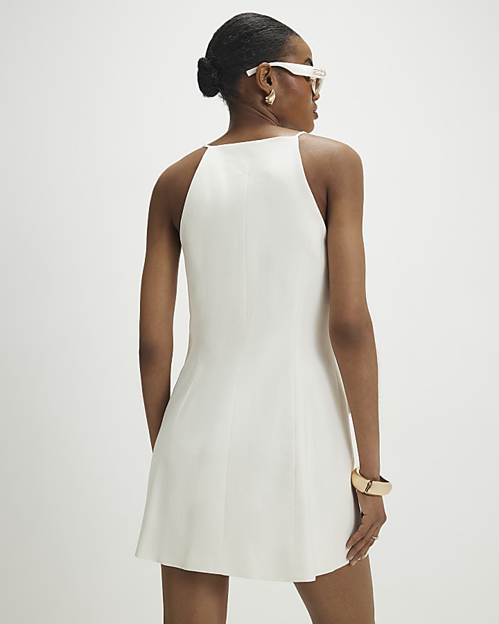 White Sleeveless Button Mini Dress