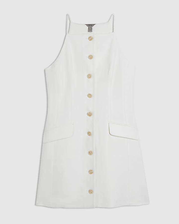 White Sleeveless Button Mini Dress
