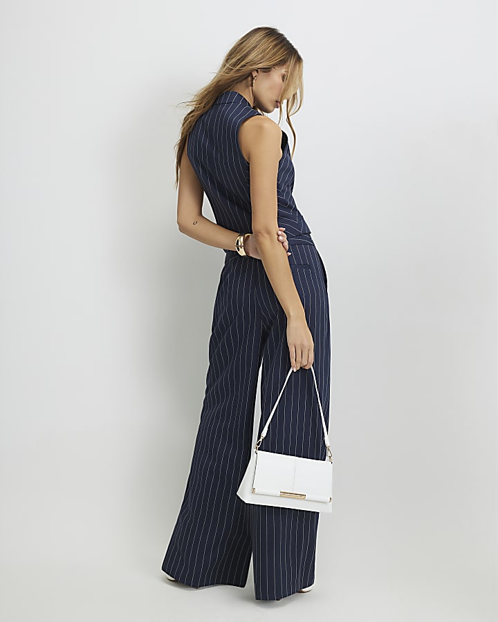 Navy Tailored Pinstripe Wide Leg Trousers