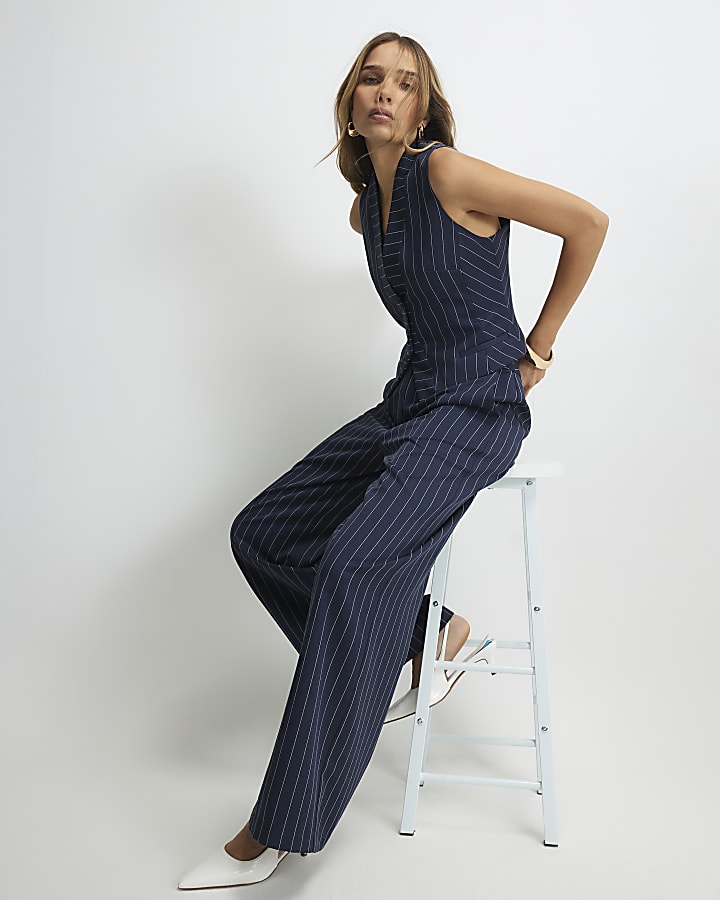 Navy Tailored Pinstripe Wide Leg Trousers