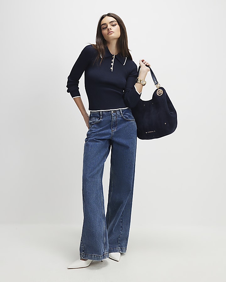 Navy Long Sleeve Polo Top