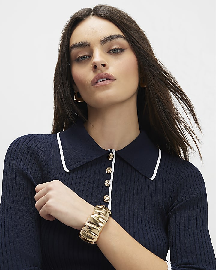 Navy Long Sleeve Polo Top