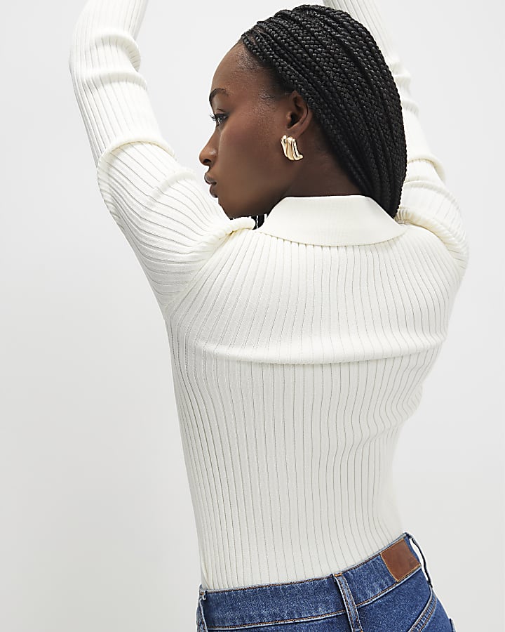 Cream Knitted Long Sleeve Polo Top