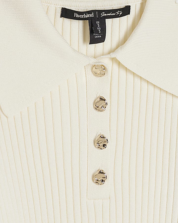 Cream Knitted Long Sleeve Polo Top