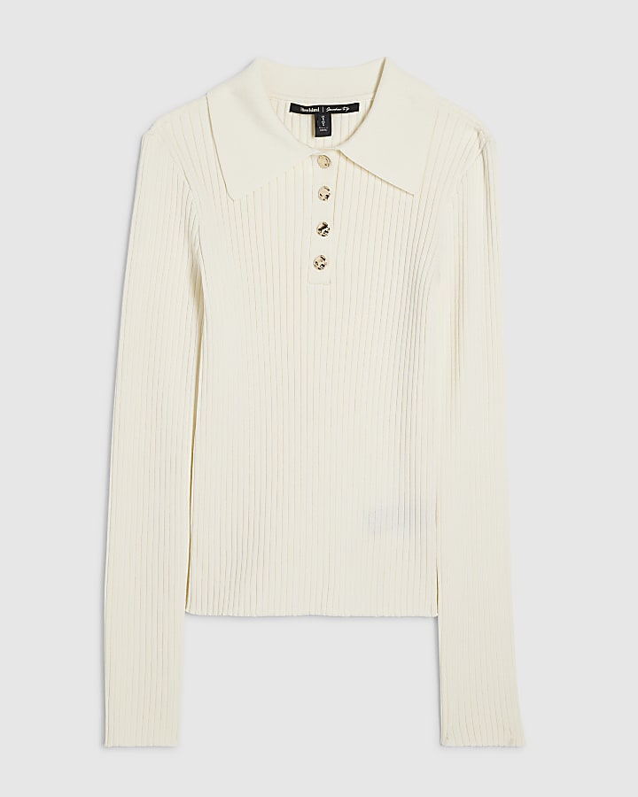 Cream Knitted Long Sleeve Polo Top