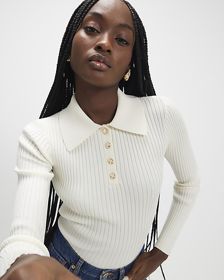 Cream Knitted Long Sleeve Polo Top