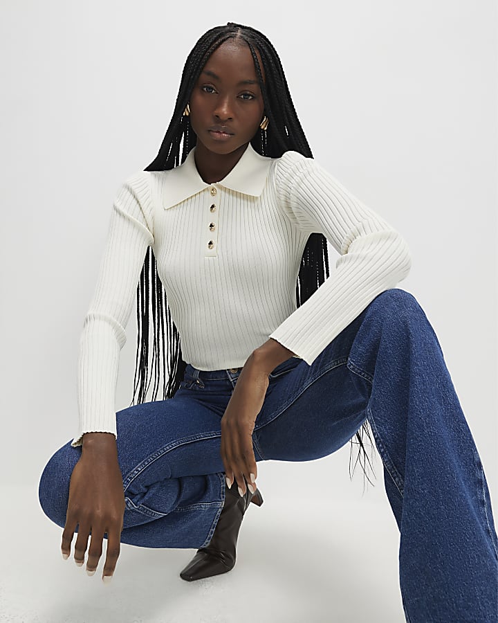 Cream Knitted Long Sleeve Polo Top