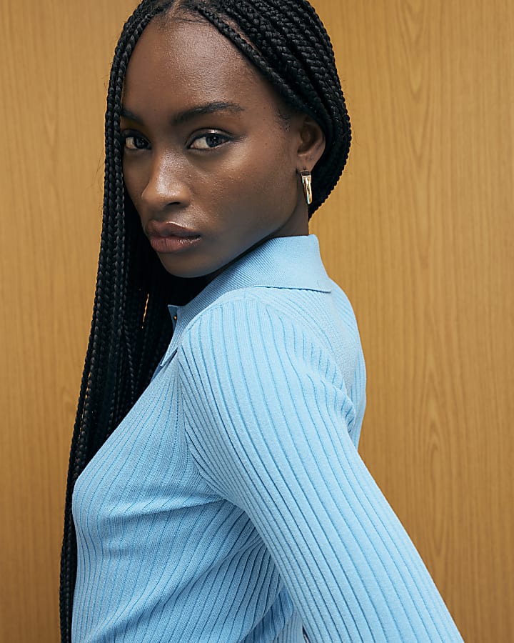 Blue Knitted Long Sleeve Polo Top