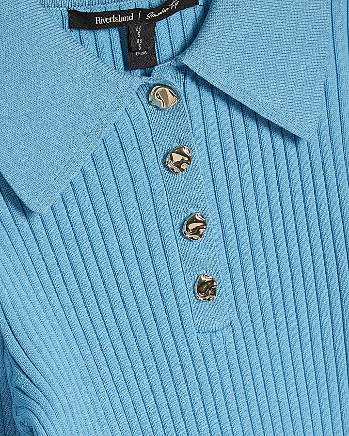 Blue Knitted Long Sleeve Polo Top