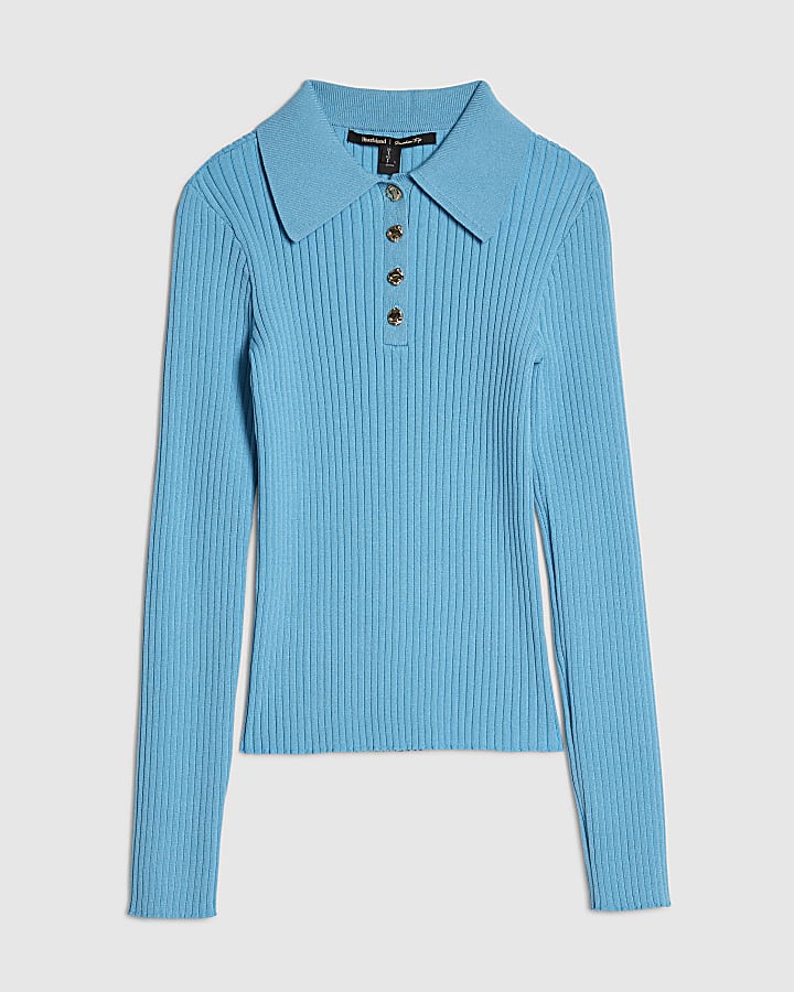 Blue Knitted Long Sleeve Polo Top