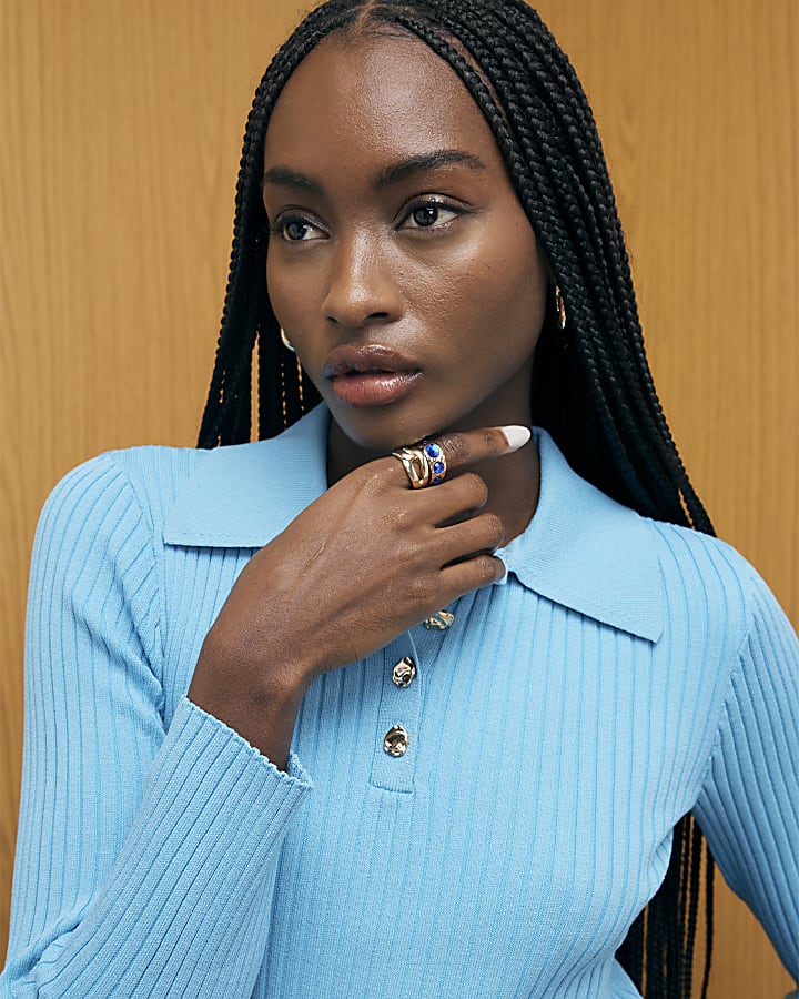 Blue Knitted Long Sleeve Polo Top