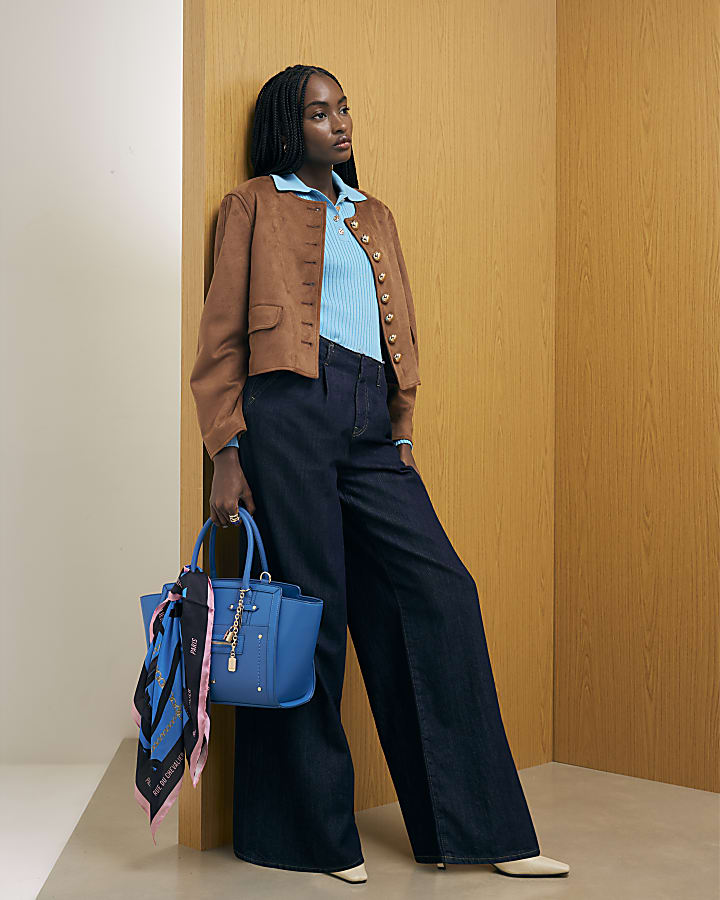 Blue Knitted Long Sleeve Polo Top