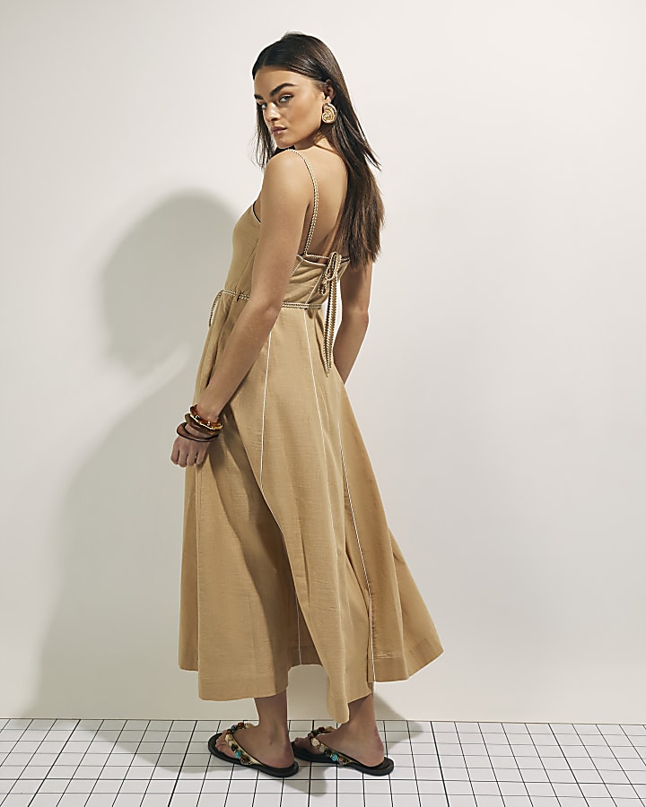 Beige Piped Rope Belted Midi Dress