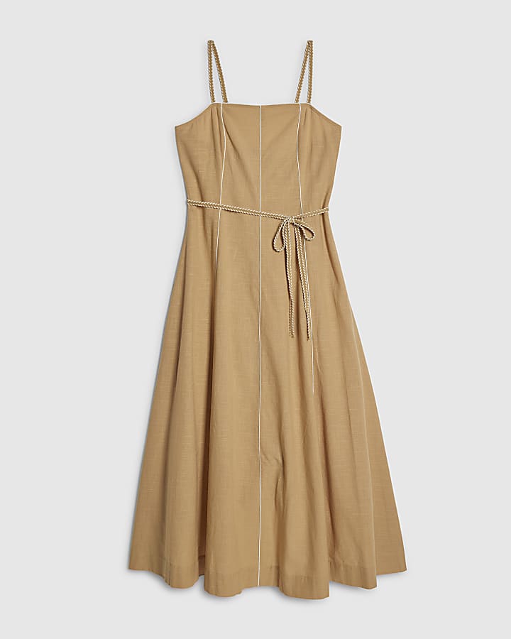 Beige Piped Rope Belted Midi Dress