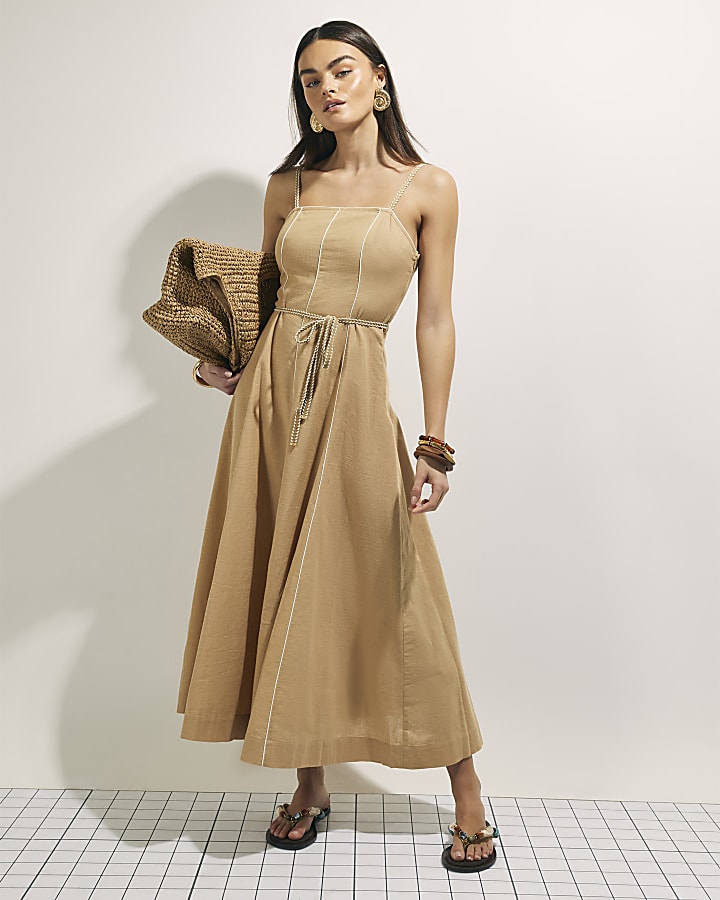 Beige Piped Rope Belted Midi Dress