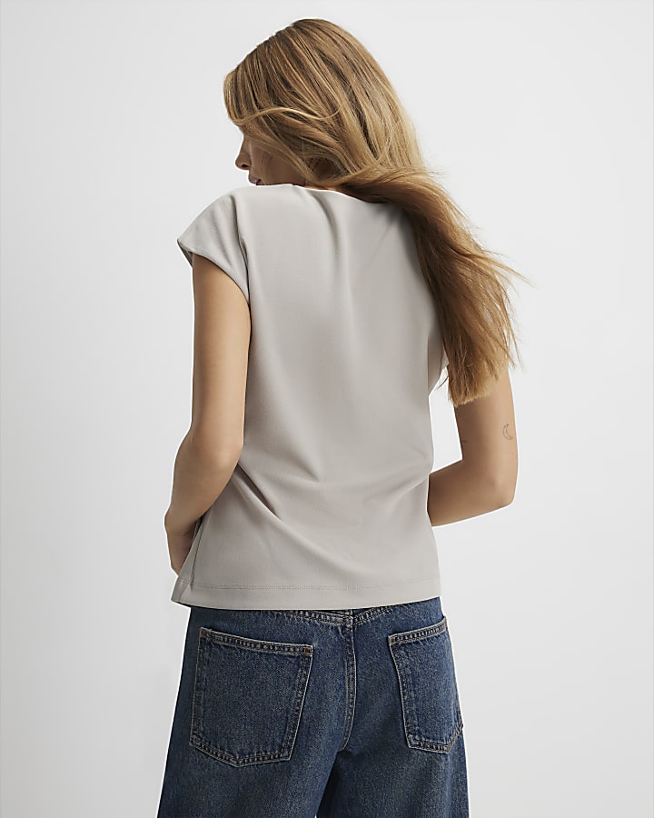 Grey Short Sleeve Tie Detail Top