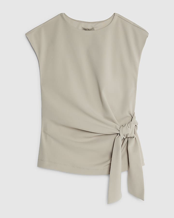 Grey Short Sleeve Tie Detail Top