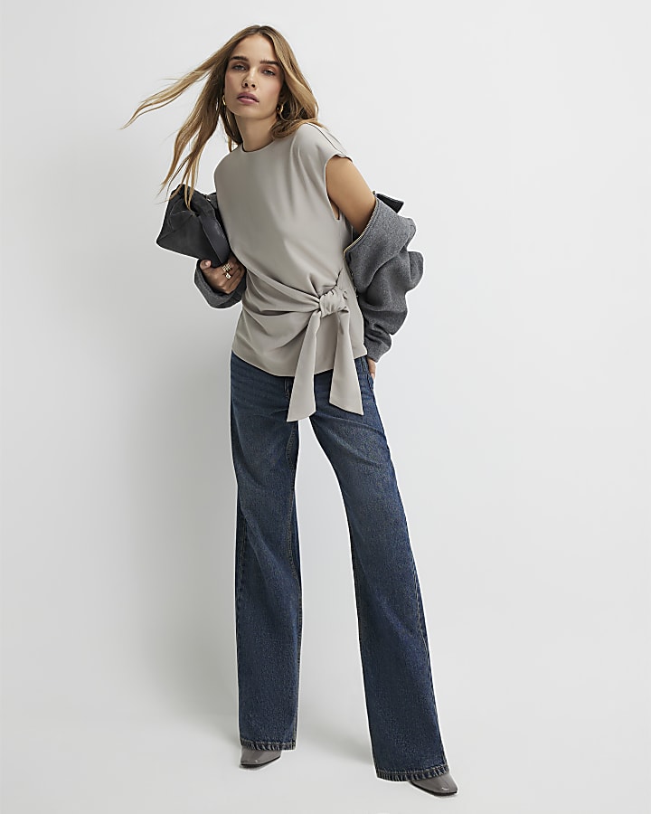 Grey Short Sleeve Tie Detail Top