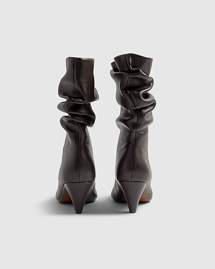 Brown Faux Leather Slouch Ankle Boots