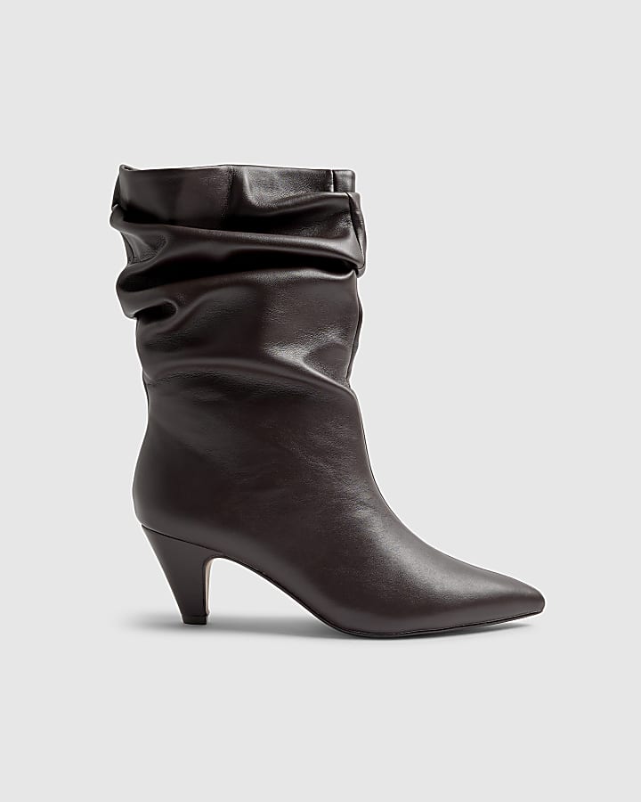 Brown Faux Leather Slouch Ankle Boots