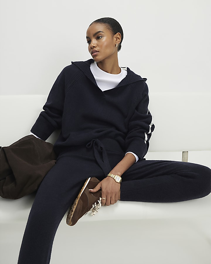Navy Tipped Hooded Jumper