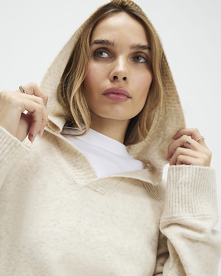 Beige Tipped Hooded Jumper